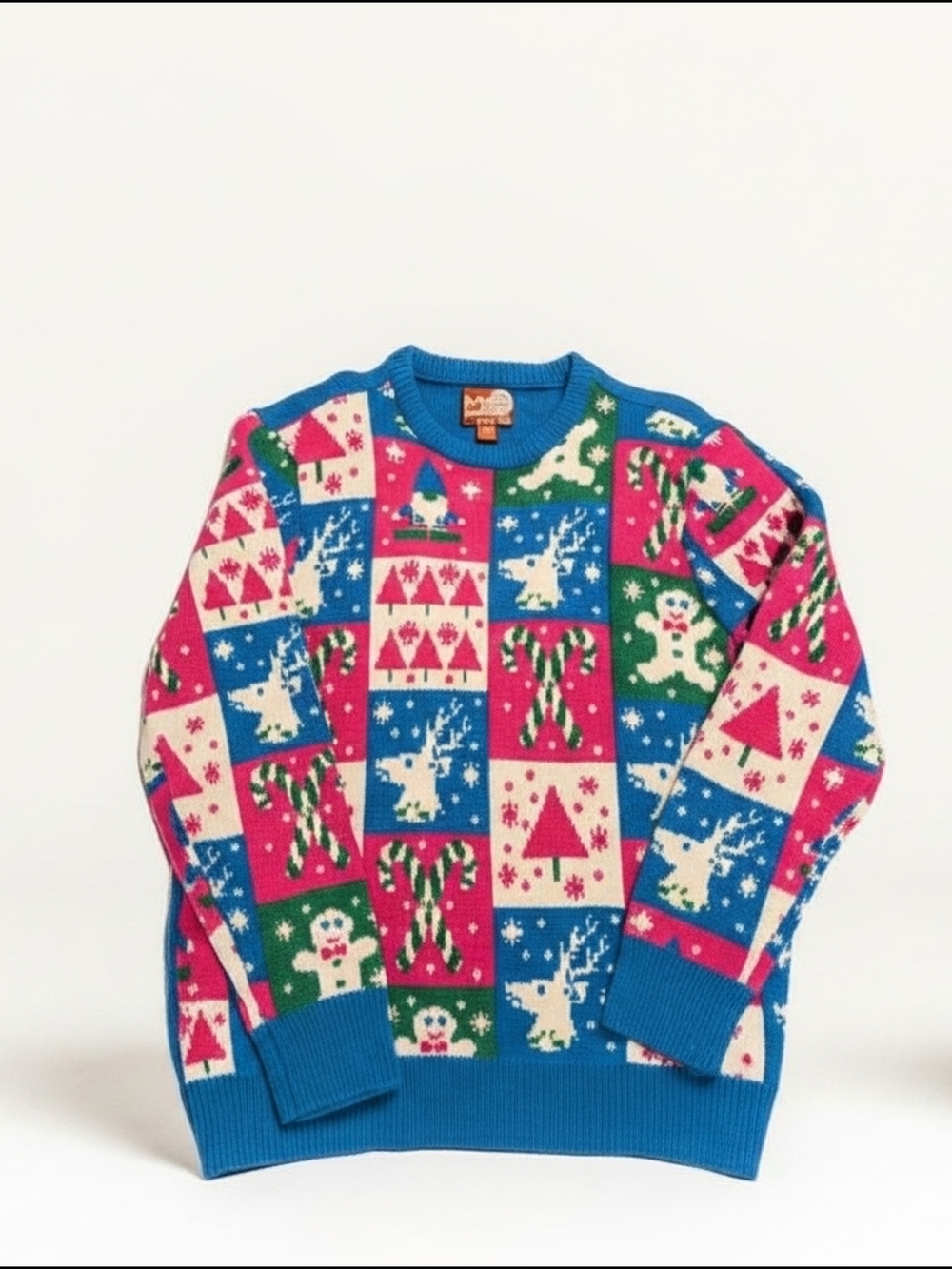 Vintage-Inspired Blue Crewneck Holiday Sweater with Pink & Green Motifs